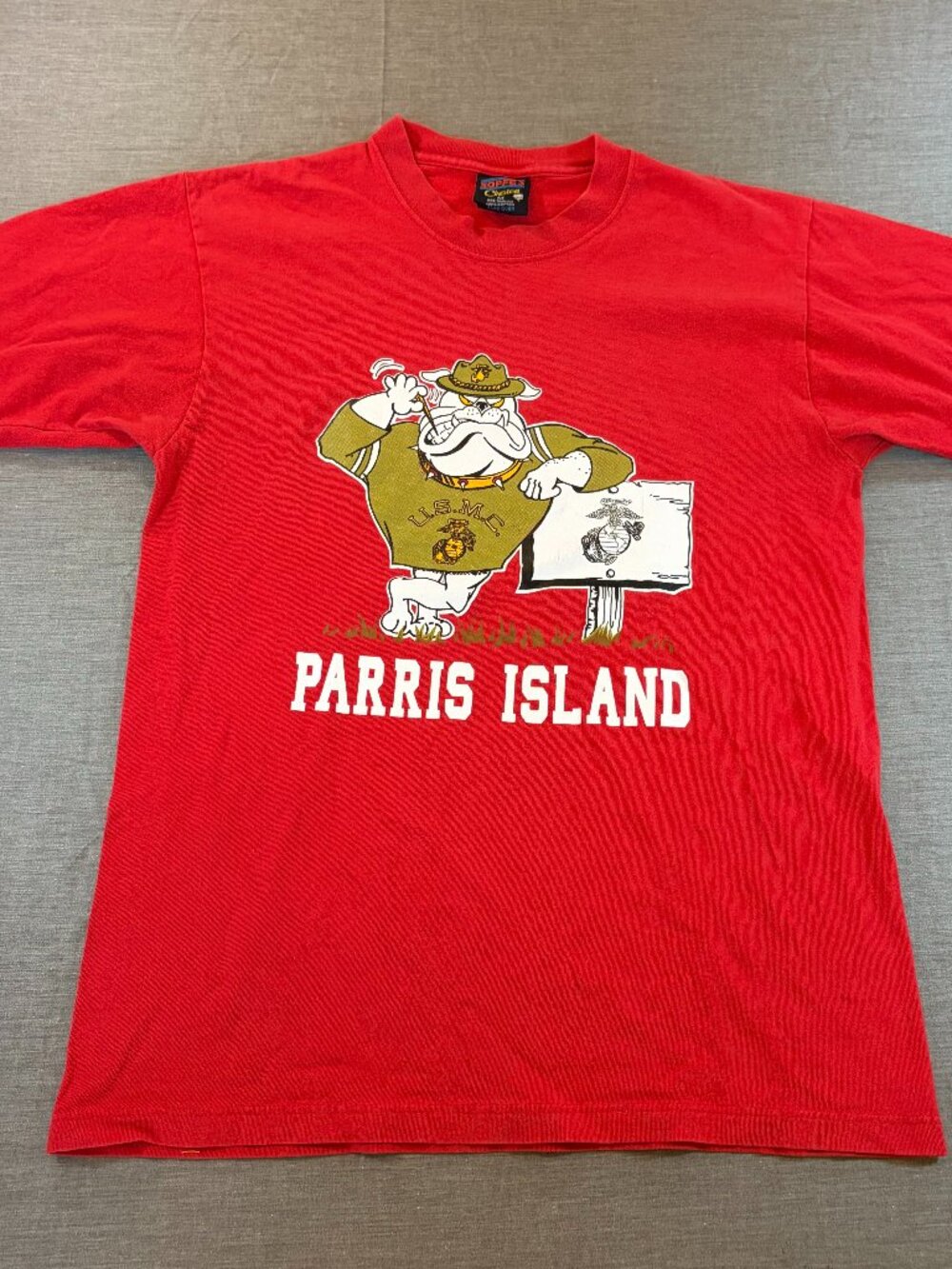 Vintage Soffe's Choice Parris Island USMC Bulldog Red T shirt Sz M